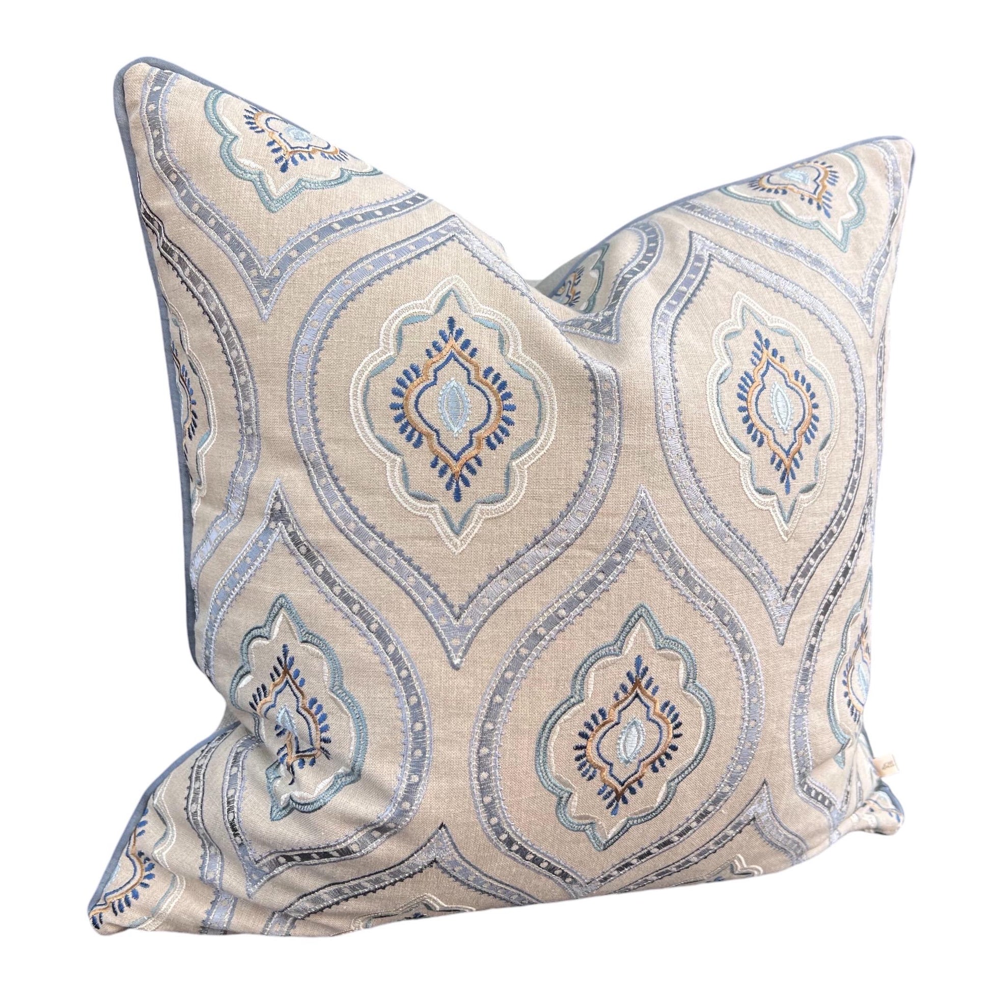 Colefax and Fowler Fabian Luxury Designer Embroidered Grey Blue Cushion Pillow Cover