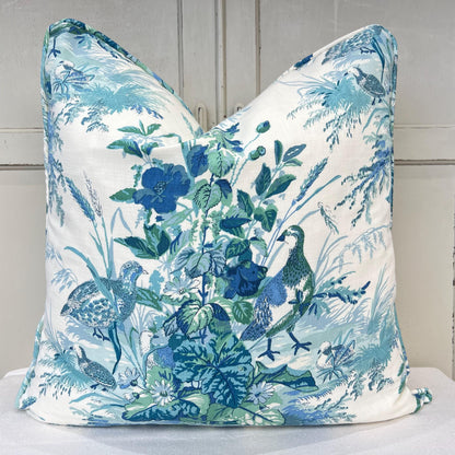 Schumacher Quail Meadow Traditional Luxury Designer Peacock Blue Cushion Sofa Throw Pillow Cover