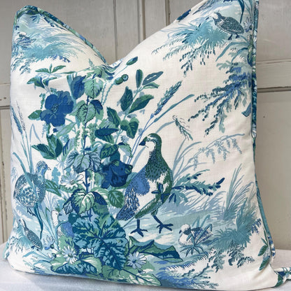 Schumacher Quail Meadow Traditional Luxury Designer Peacock Blue Cushion Sofa Throw Pillow Cover