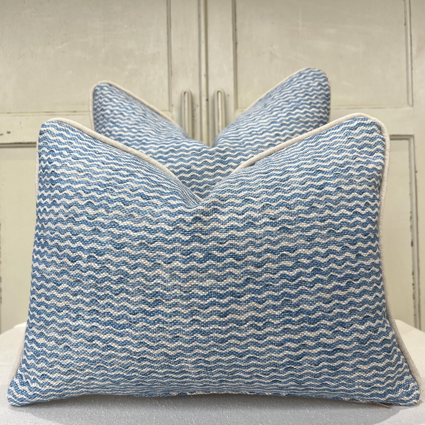 Cushions Made In Fermoie Popple Luxury Designer Decorative Mid Blue Neutral Linen Cushion Pillow Throw Cover