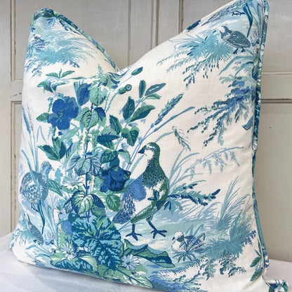 Schumacher Quail Meadow Traditional Luxury Designer Peacock Blue Cushion Sofa Throw Pillow Cover