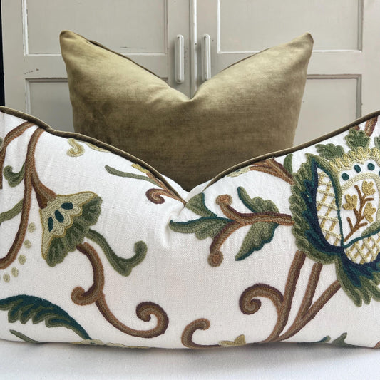 Luxury Designer Coromandel Decorative Olive Green Hand Stitched Crewel Linen Cushion Pillow Throw Cover