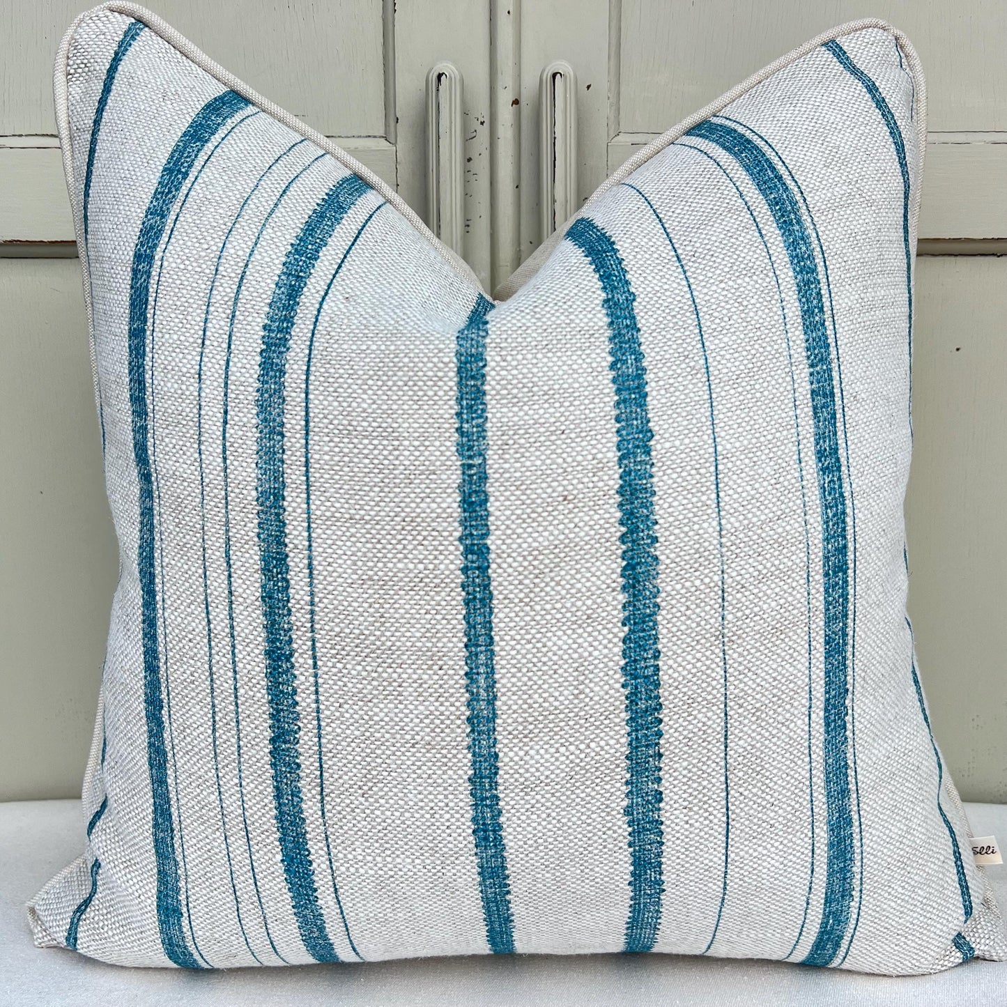 Cushions Made In Fermoie Carskiey Single Stripe Luxury Designer Decorative Neutral Bright Blue Linen Cushion Pillow Throw Cover