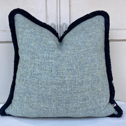 Harris Tweed Luxury Designer Soft Green Double Sided Fringe Wool Cushion Sofa Throw Pillow