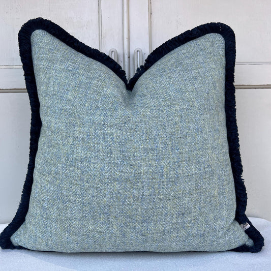 Harris Tweed Luxury Designer Soft Green Double Sided Fringe Wool Cushion Sofa Throw Pillow
