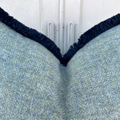 Harris Tweed Luxury Designer Soft Green Double Sided Fringe Wool Cushion Sofa Throw Pillow