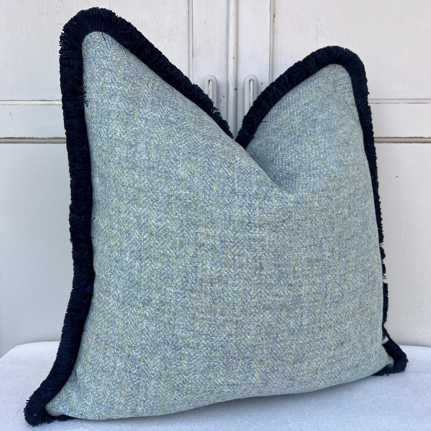 Harris Tweed Luxury Designer Soft Green Double Sided Fringe Wool Cushion Sofa Throw Pillow