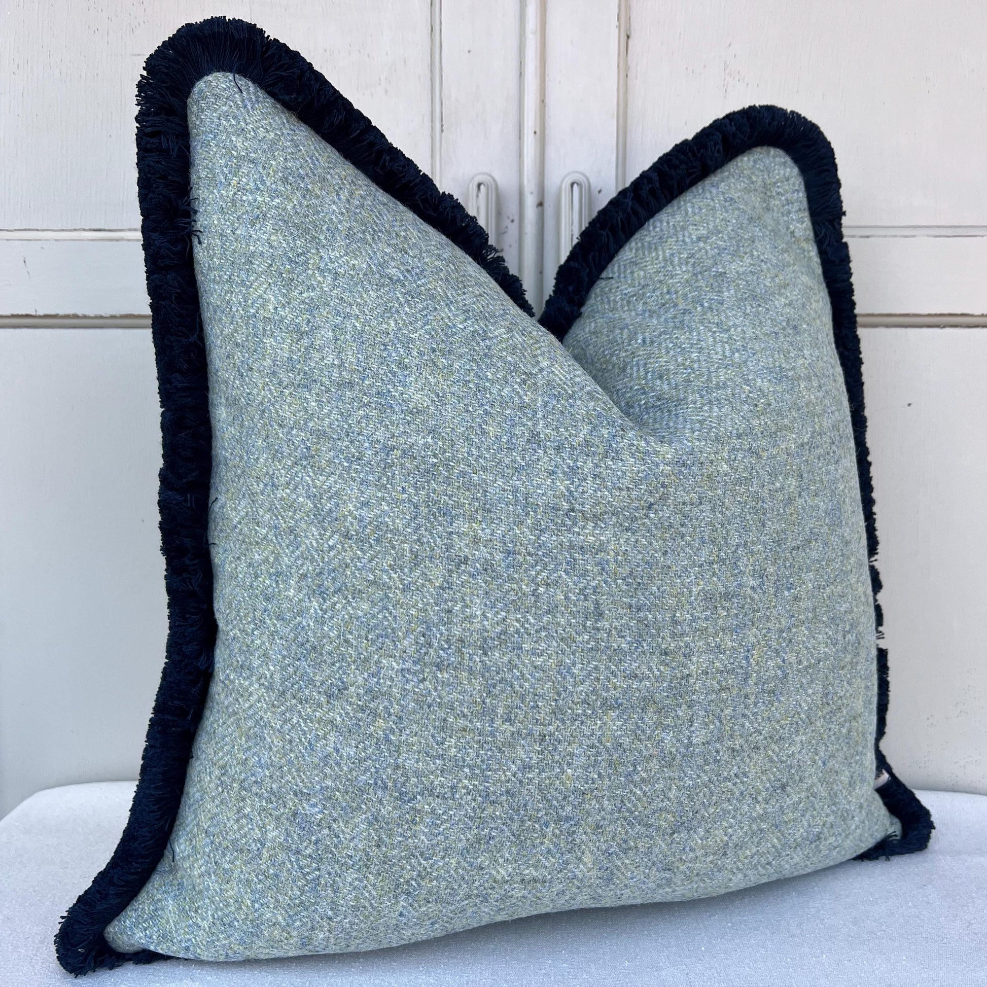 Harris Tweed Luxury Designer Soft Green Double Sided Fringe Wool Cushion Sofa Throw Pillow