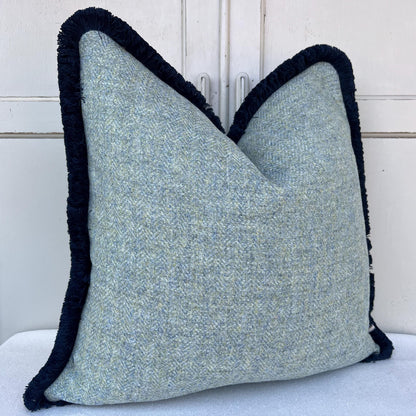 Harris Tweed Luxury Designer Soft Green Double Sided Fringe Wool Cushion Sofa Throw Pillow