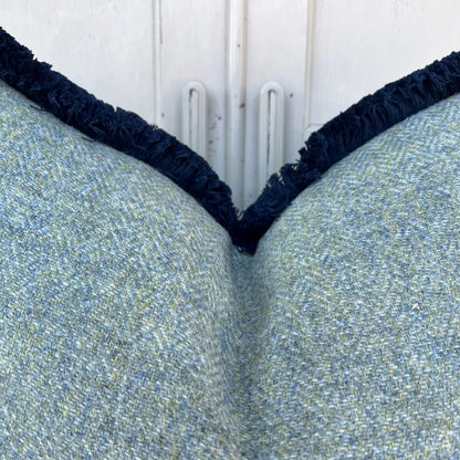 Harris Tweed Luxury Designer Soft Green Double Sided Fringe Wool Cushion Sofa Throw Pillow