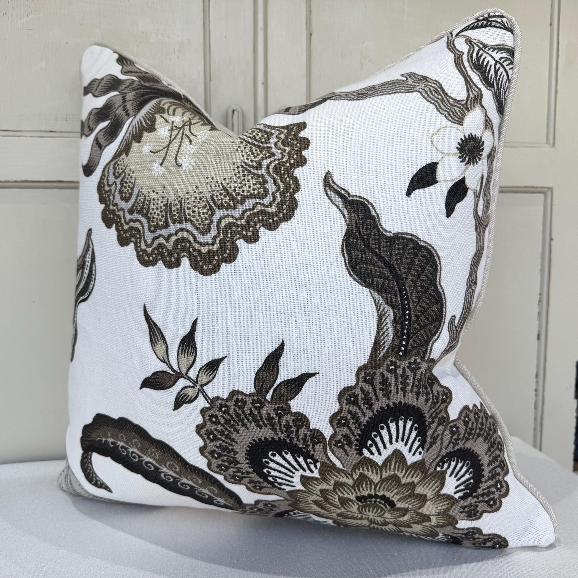 Schumacher Luxury Designer Hothouse Flowers Pale Taupe Black Cushion Pillow Cover