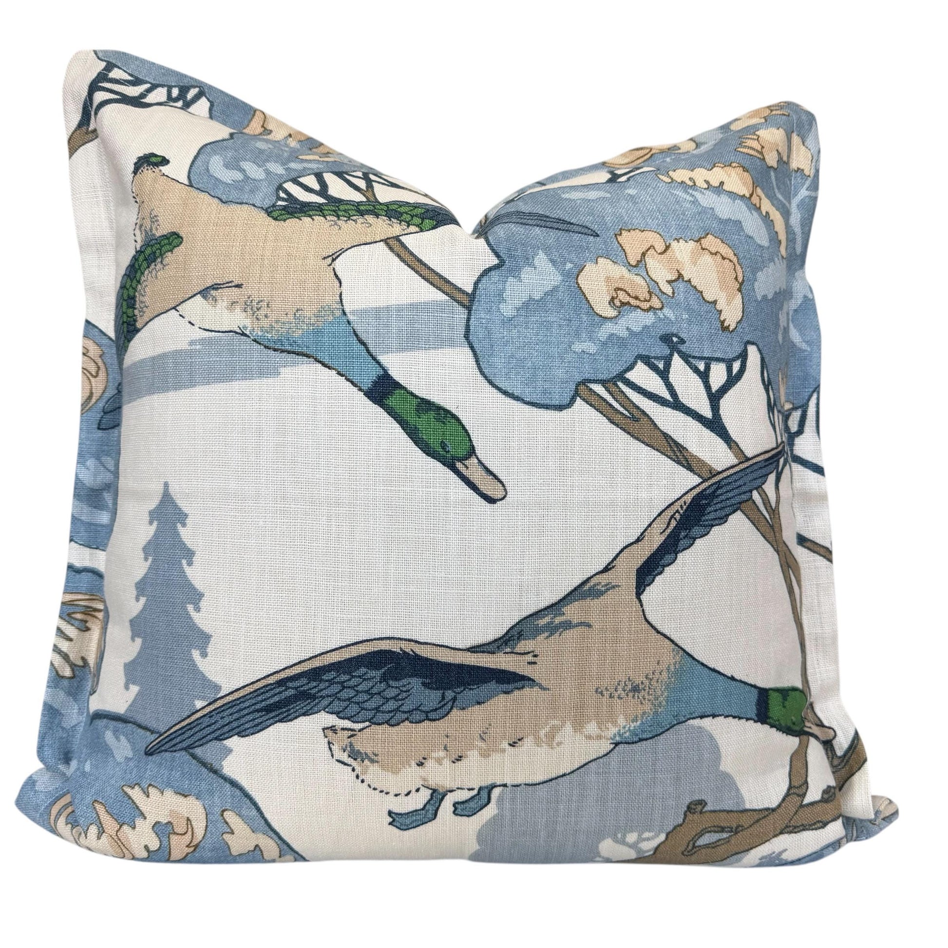 Mulberry Flying Ducks Flange Edge Blue Neutral Cream Luxury Cushion Pillow Cover