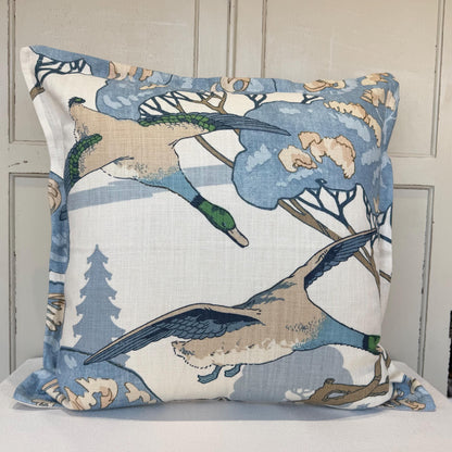 Mulberry Flying Ducks Flange Edge Blue Neutral Cream Luxury Cushion Pillow Cover