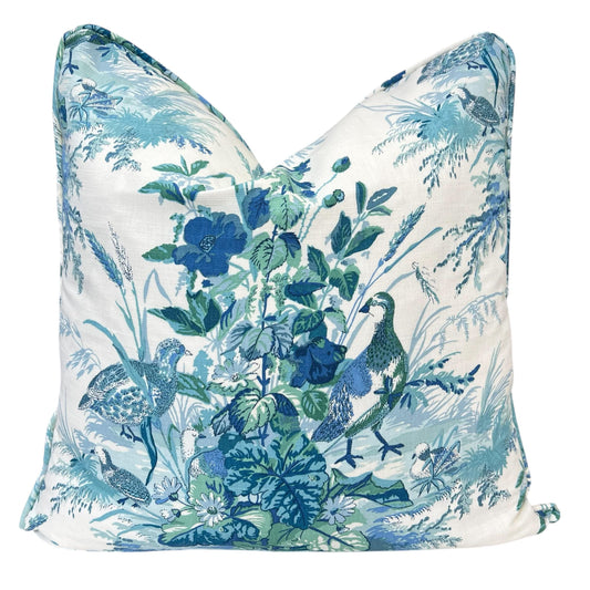 Schumacher Quail Meadow Traditional Luxury Designer Peacock Blue Cushion Sofa Throw Pillow Cover