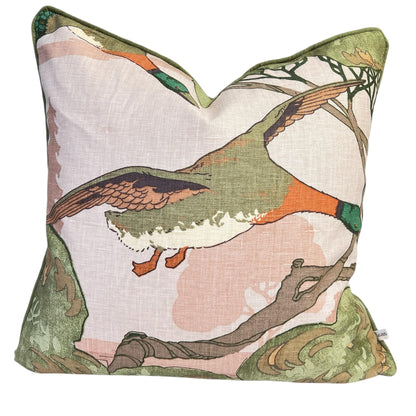 Mulberry Flying Ducks Plaster Green Orange Linen Luxury Designer Cushion Pillow Cover