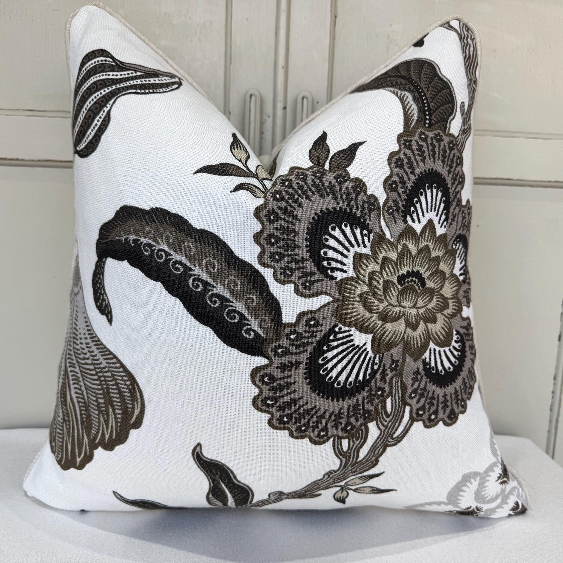Schumacher Luxury Designer Hothouse Flowers Pale Taupe Black Cushion Pillow Cover