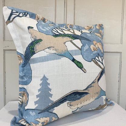 Mulberry Flying Ducks Flange Edge Blue Neutral Cream Luxury Cushion Pillow Cover
