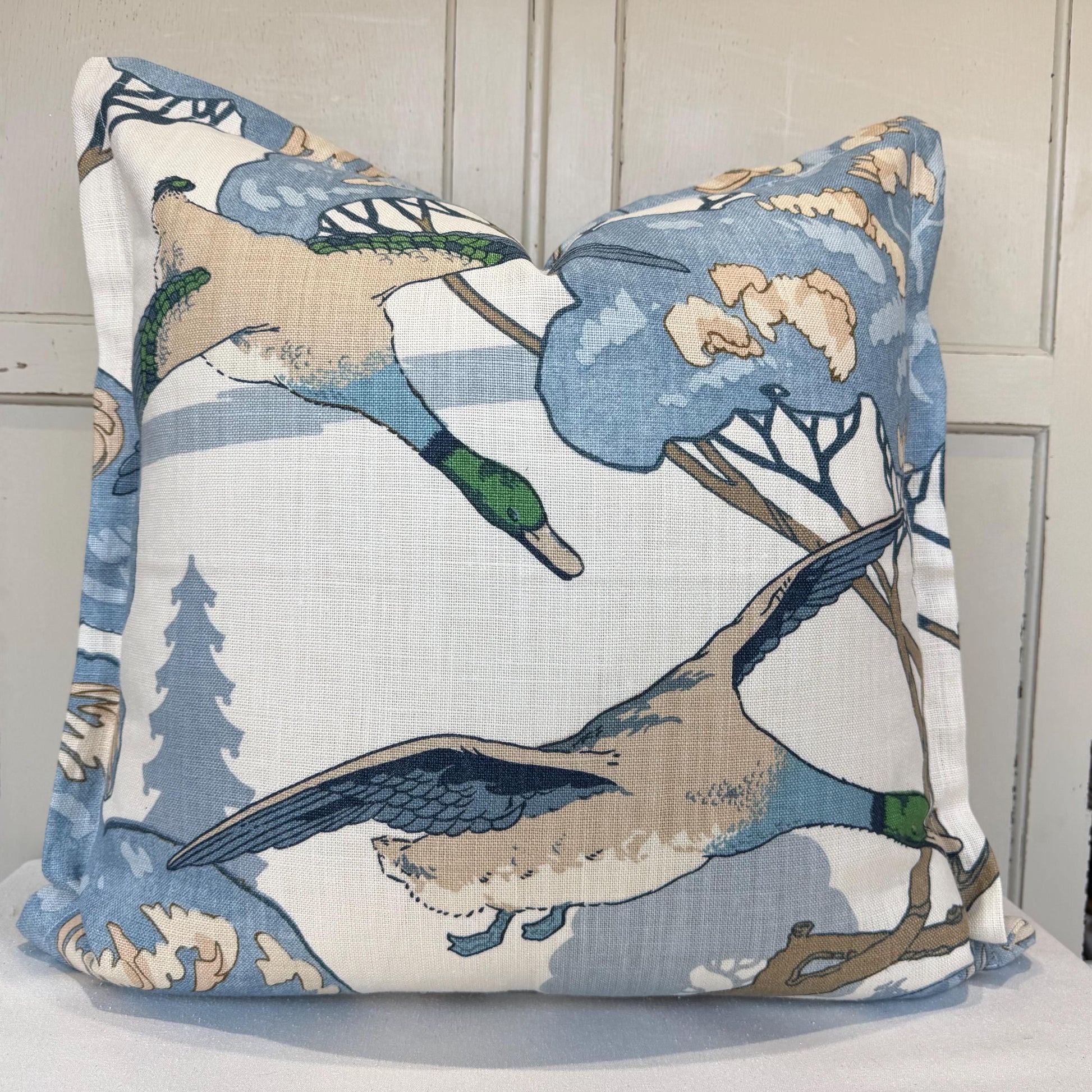 Mulberry Flying Ducks Flange Edge Blue Neutral Cream Luxury Cushion Pillow Cover