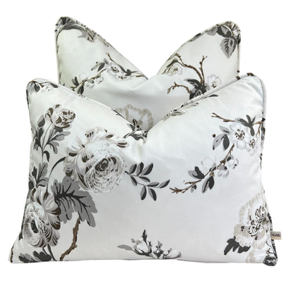 Schumacher Luxury Designer "Betty Chintz" Charcoal Floral White Grey Cushion Pillow Sofa Cover