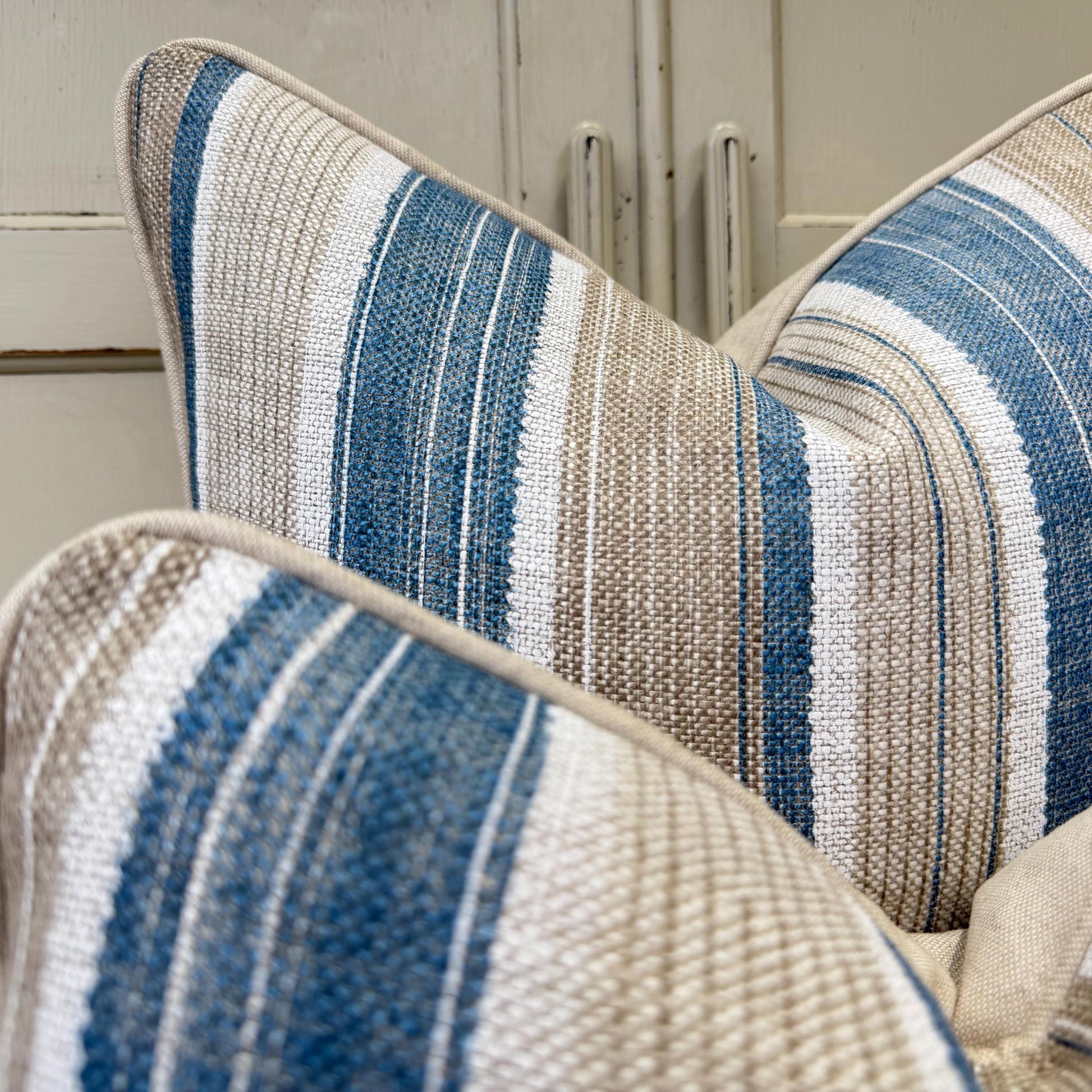 Fermoie Carskiey Broad Stripe Designer Blue Beige Linen Cushion Pillow Cover