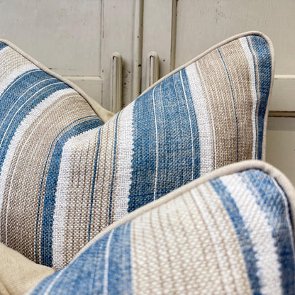 Fermoie Carskiey Broad Stripe Designer Blue Beige Linen Cushion Pillow Cover