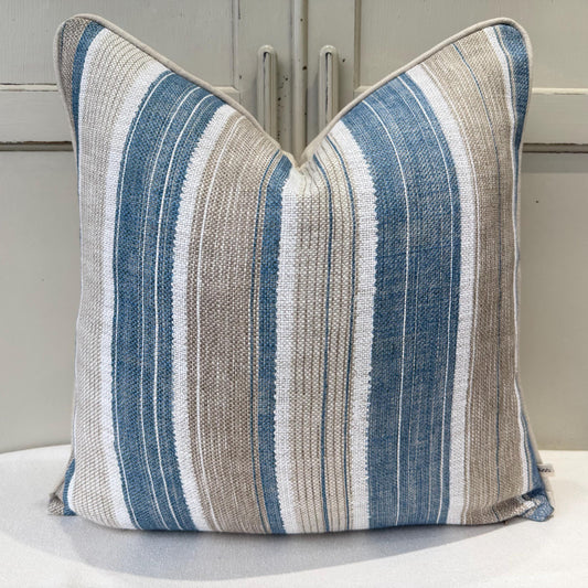 Fermoie Carskiey Broad Stripe Designer Blue Beige Linen Cushion Pillow Cover