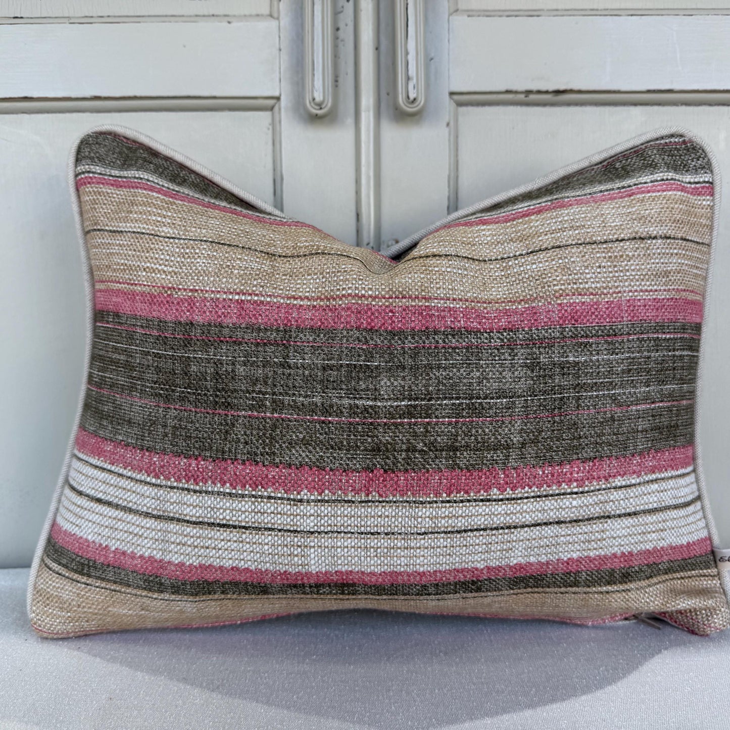 Fermoie Carskiey Broad Stripe Designer Pink Green Linen Cushion Pillow Cover