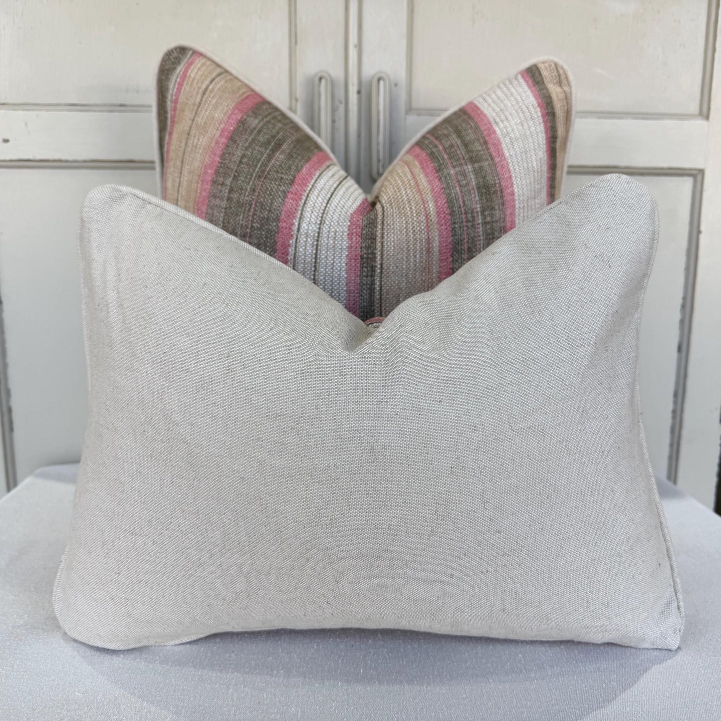 Fermoie Carskiey Broad Stripe Designer Pink Green Linen Cushion Pillow Cover