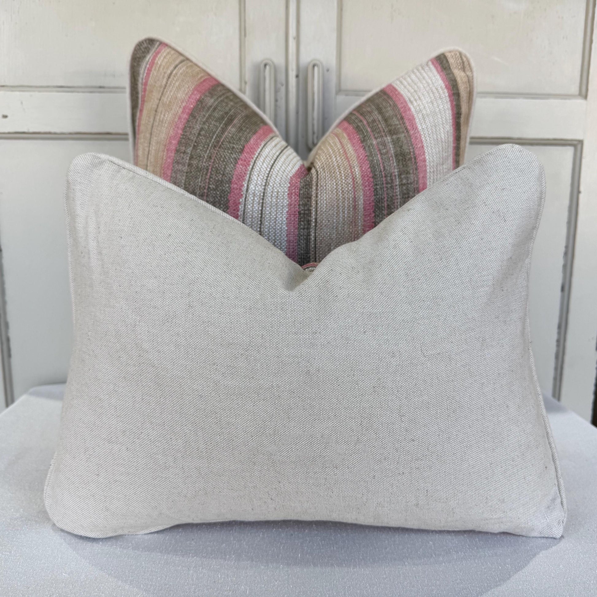 Fermoie Carskiey Broad Stripe Designer Pink Green Linen Cushion Pillow Cover
