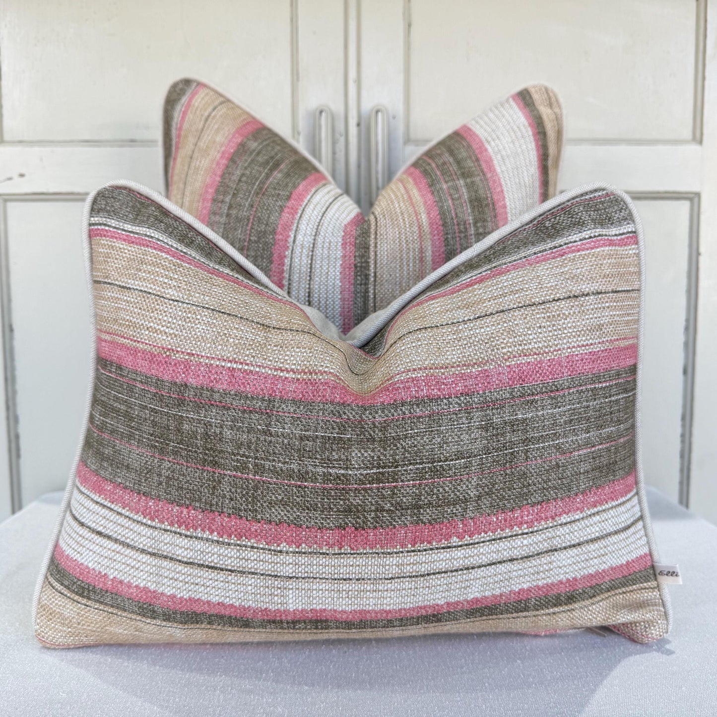 Fermoie Carskiey Broad Stripe Designer Pink Green Linen Cushion Pillow Cover