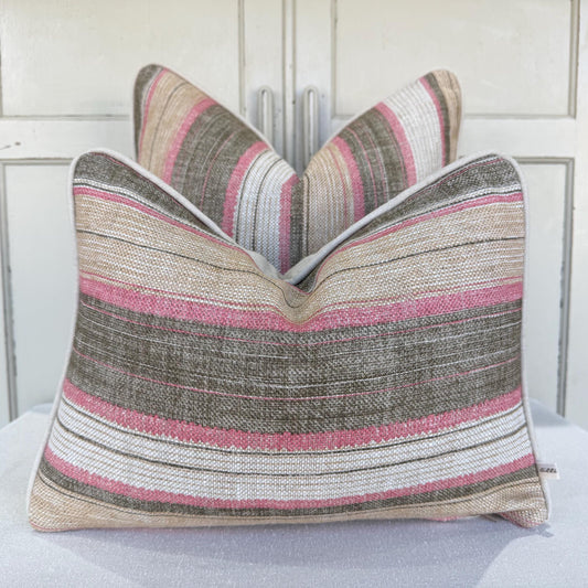 Fermoie Carskiey Broad Stripe Designer Pink Green Linen Cushion Pillow Cover
