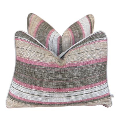 Fermoie Carskiey Broad Stripe Designer Pink Green Linen Cushion Pillow Cover