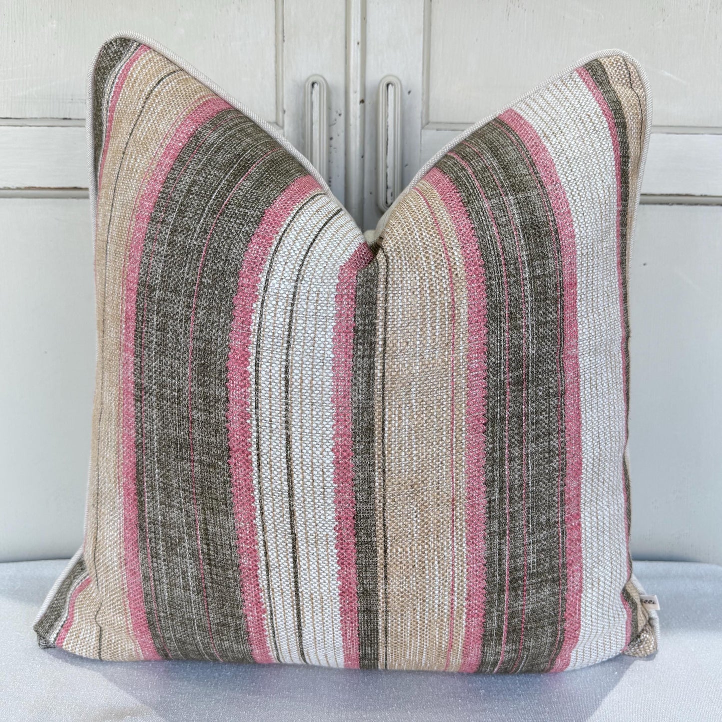 Fermoie Carskiey Broad Stripe Designer Pink Green Linen Cushion Pillow Cover