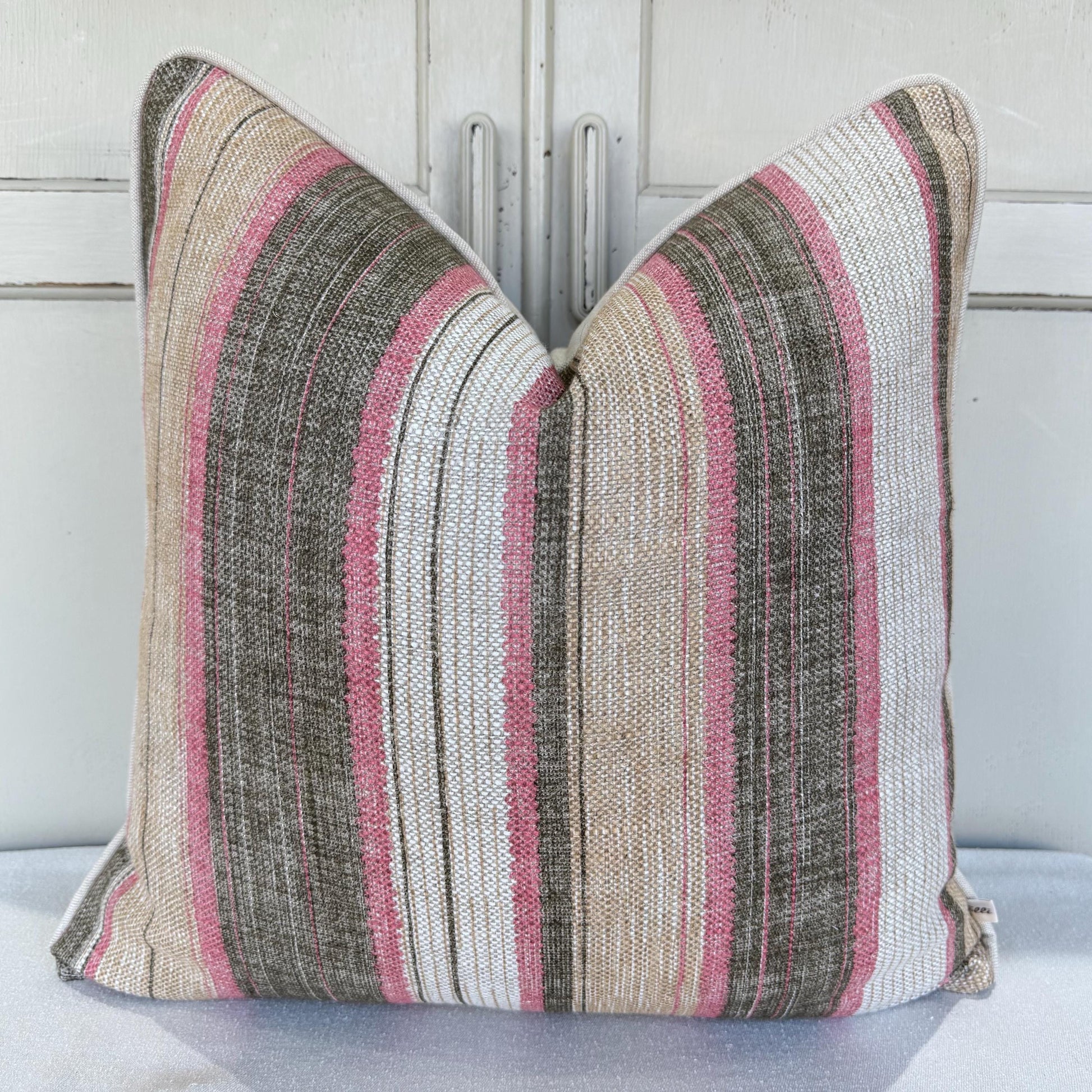 Fermoie Carskiey Broad Stripe Designer Pink Green Linen Cushion Pillow Cover