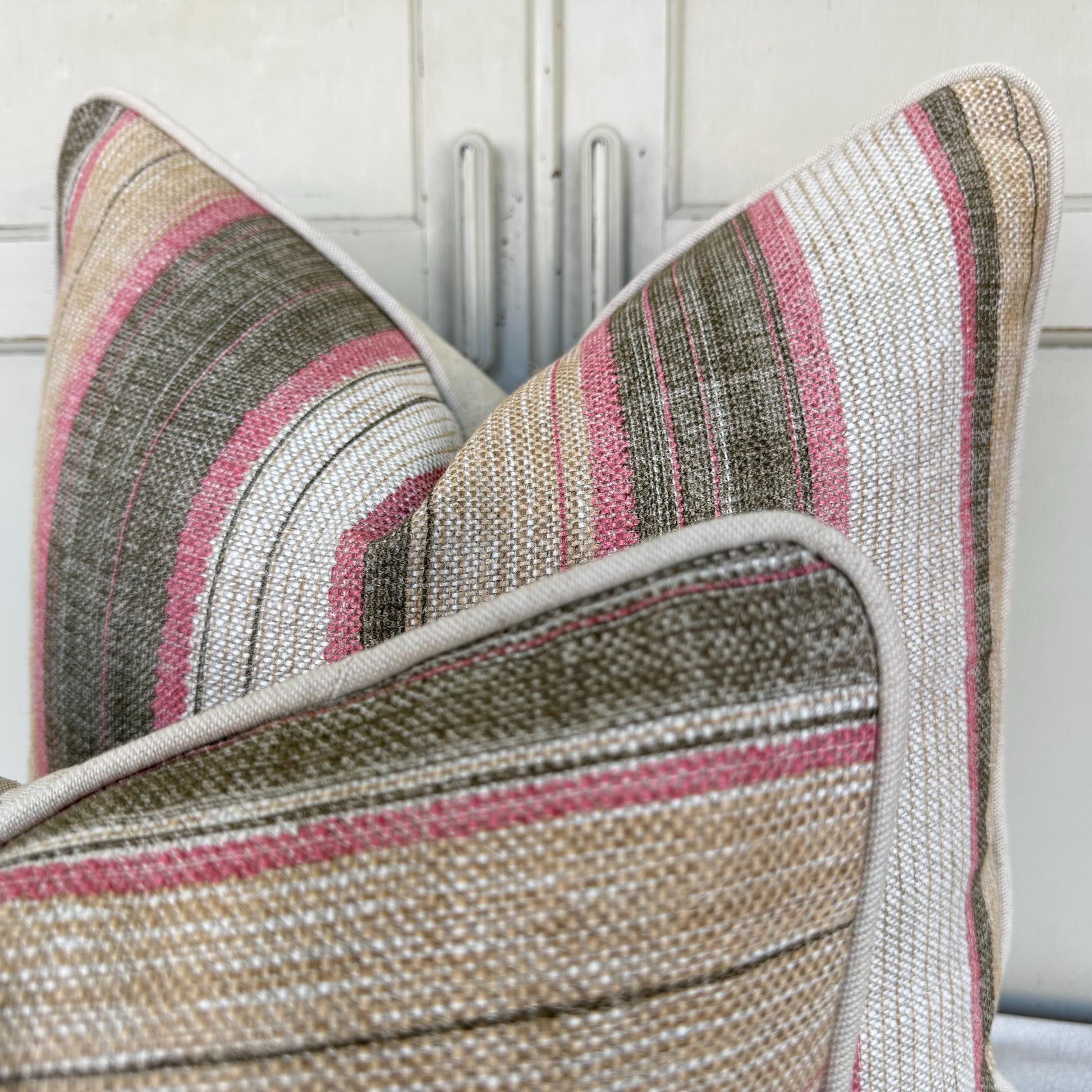 Fermoie Carskiey Broad Stripe Designer Pink Green Linen Cushion Pillow Cover