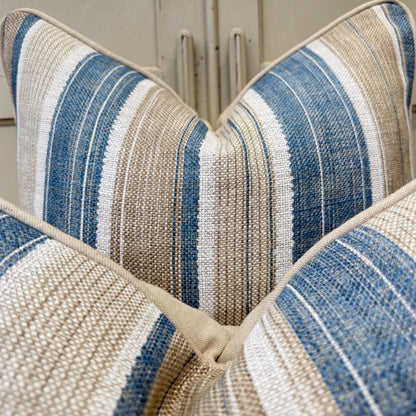 Fermoie Carskiey Broad Stripe Designer Blue Beige Linen Cushion Pillow Cover