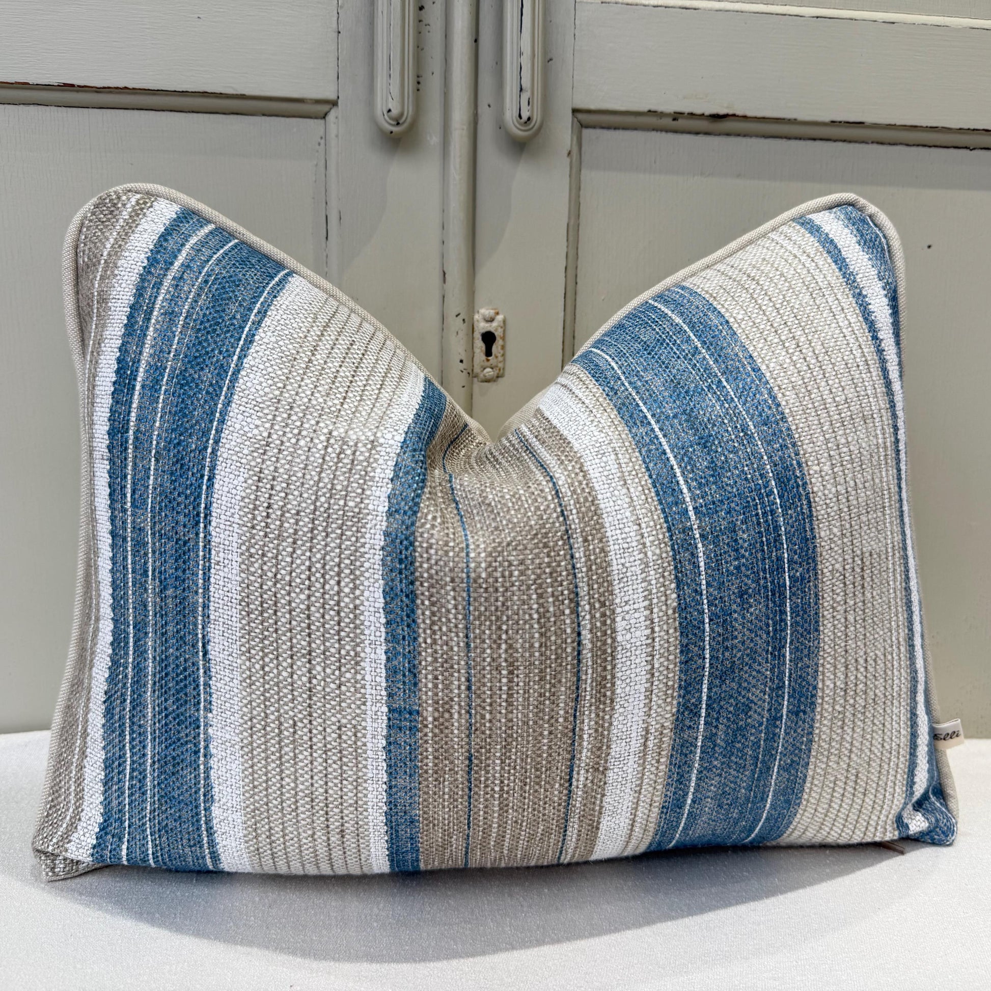 Fermoie Carskiey Broad Stripe Designer Blue Beige Linen Cushion Pillow Cover