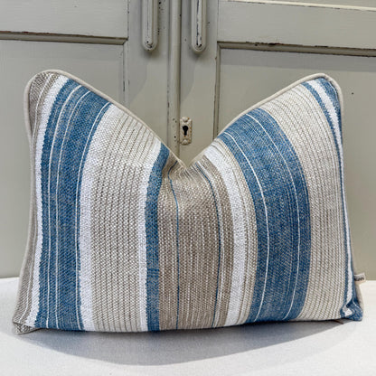 Fermoie Carskiey Broad Stripe Designer Blue Beige Linen Cushion Pillow Cover