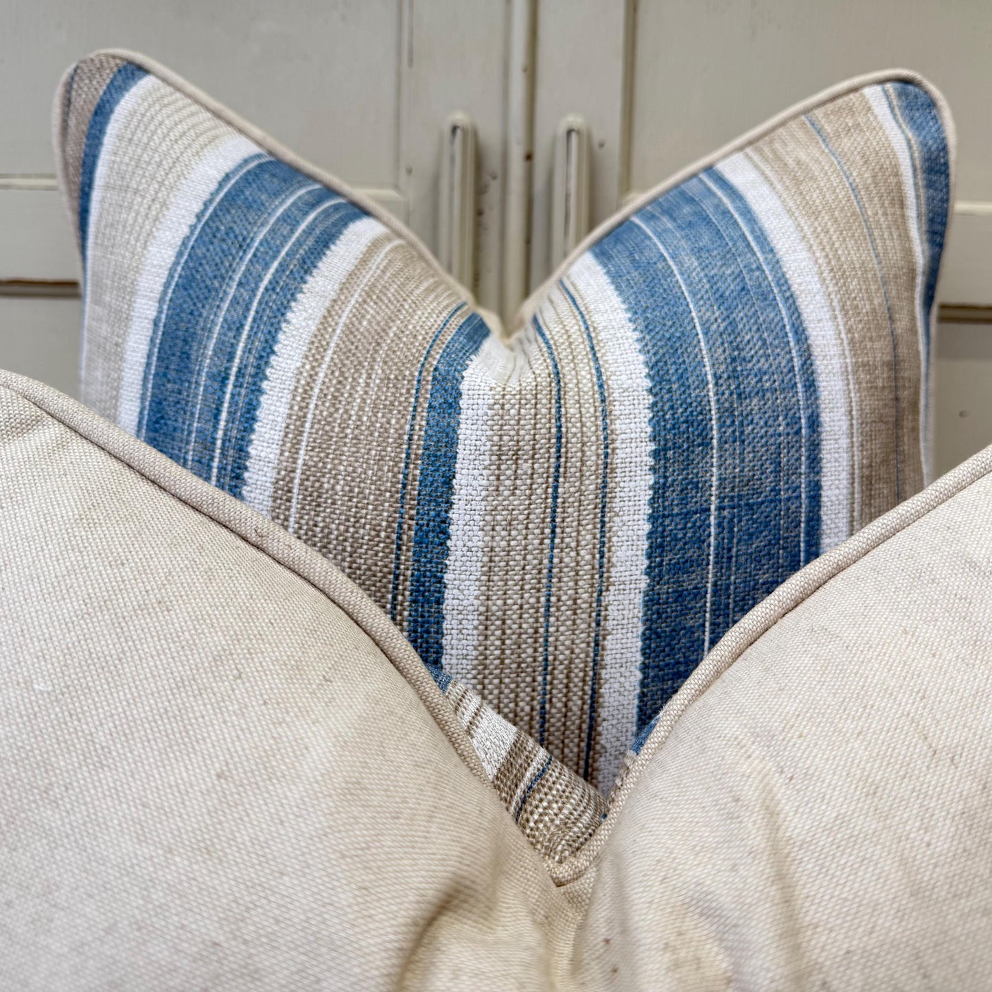 Fermoie Carskiey Broad Stripe Designer Blue Beige Linen Cushion Pillow Cover