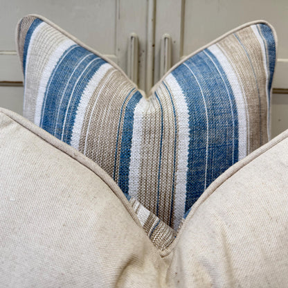 Fermoie Carskiey Broad Stripe Designer Blue Beige Linen Cushion Pillow Cover