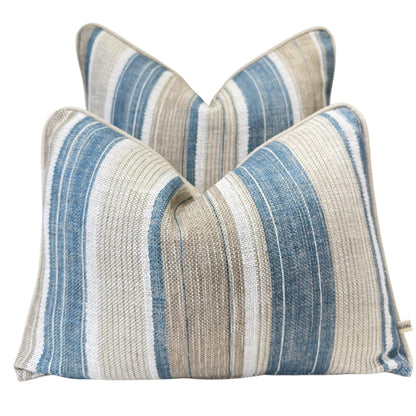 Fermoie Carskiey Broad Stripe Designer Blue Beige Linen Cushion Pillow Cover