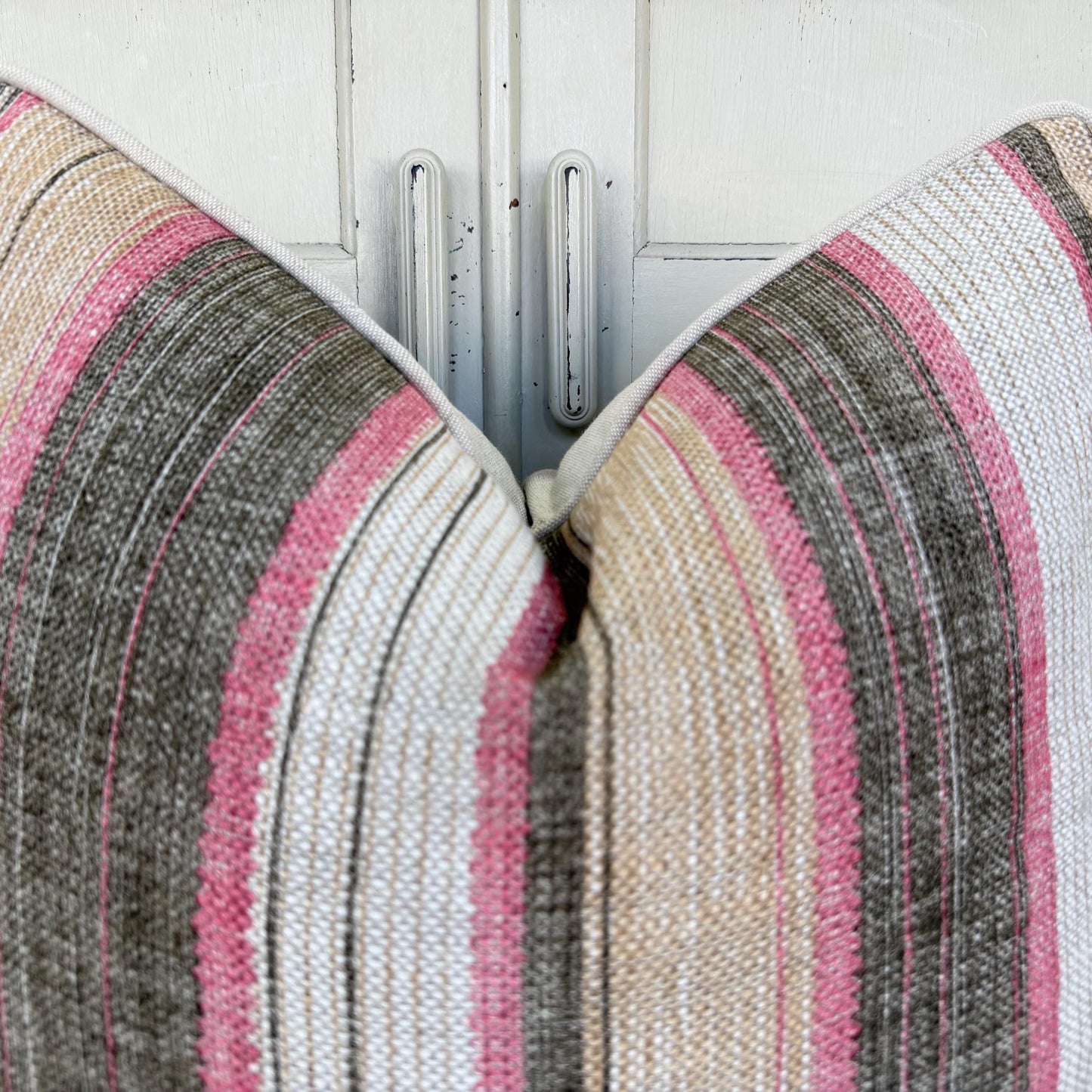 Fermoie Carskiey Broad Stripe Designer Pink Green Linen Cushion Pillow Cover