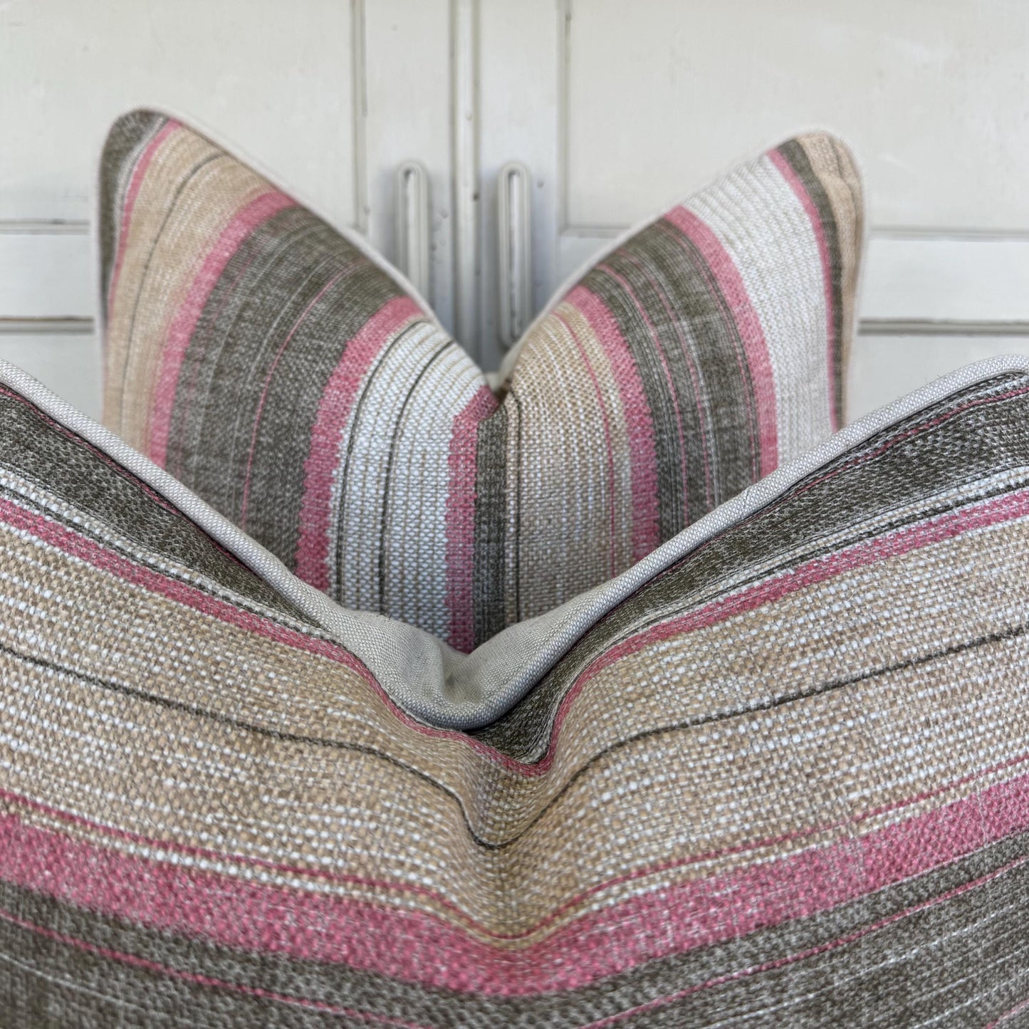Fermoie Carskiey Broad Stripe Designer Pink Green Linen Cushion Pillow Cover