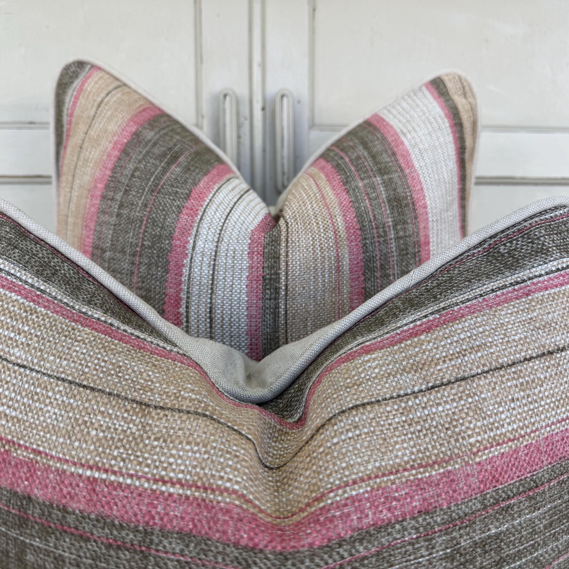 Fermoie Carskiey Broad Stripe Designer Pink Green Linen Cushion Pillow Cover