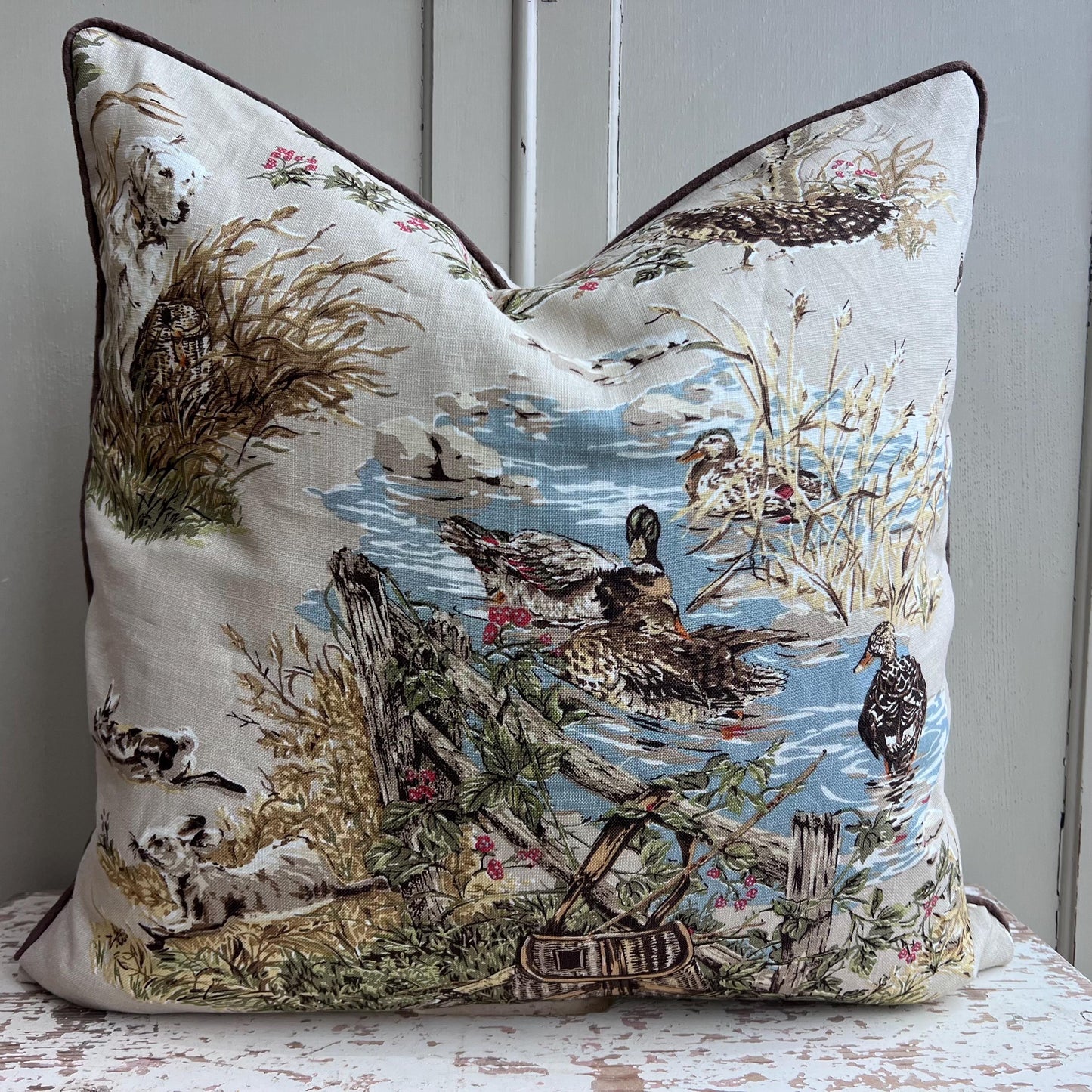 Schumacher Luxury Designer Dog and Duck Cream Cushion Pillow Cover