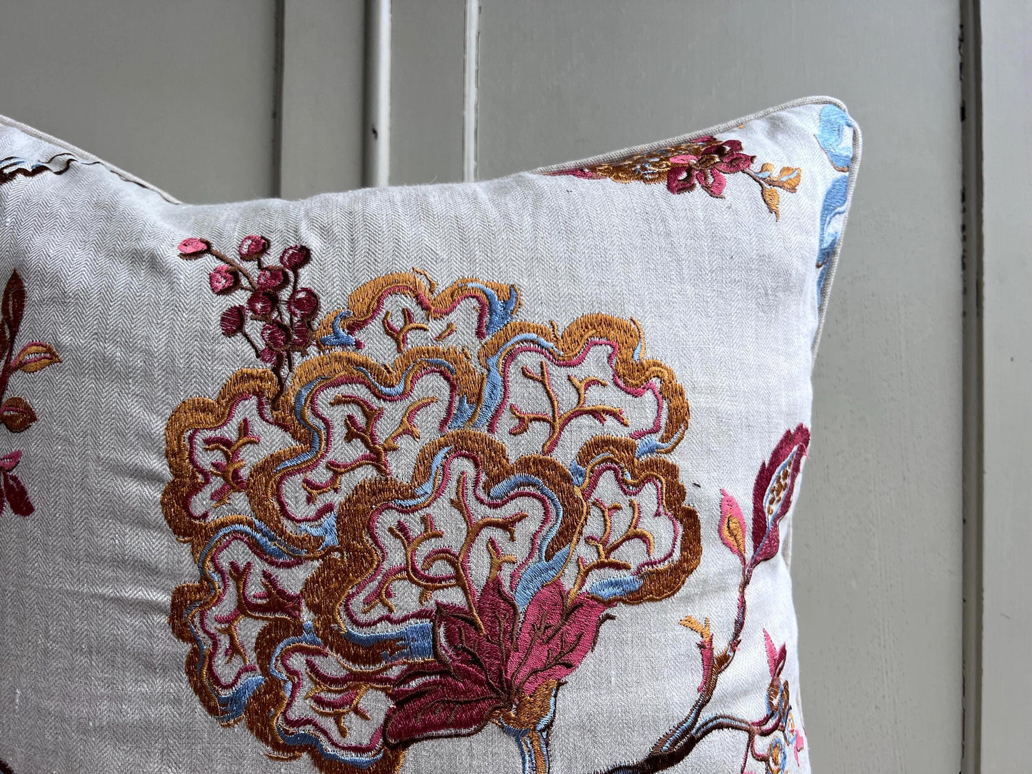 Embroidered Luxury Designer Cream Blue Orange Decorative Cushion Pillow Throw Cover