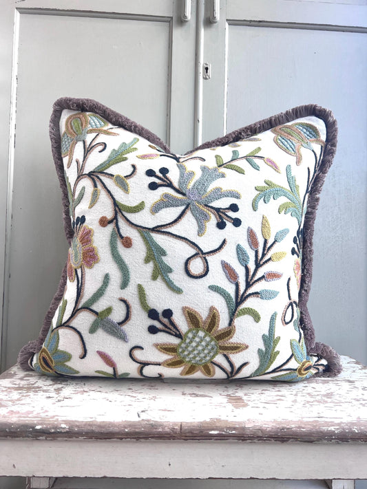 Coromandel Butterfly Crewel Heritage Cushion Cover Fringe Natural Handloom Blue Grey Green Mustard Salmon Bronze Motifs