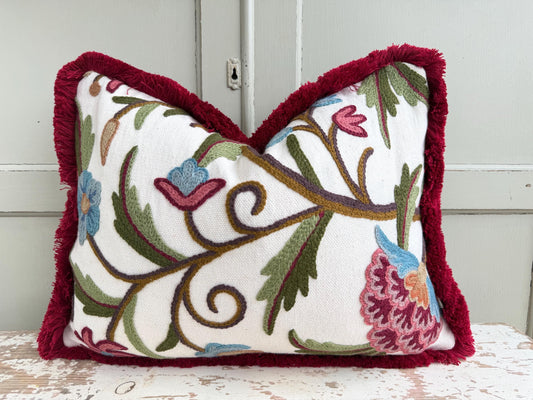 Coromandel Jacobean Crewel Heritage Cushion Cover Fringe Natural Handloom Raspberry Blue Green Brown Orange