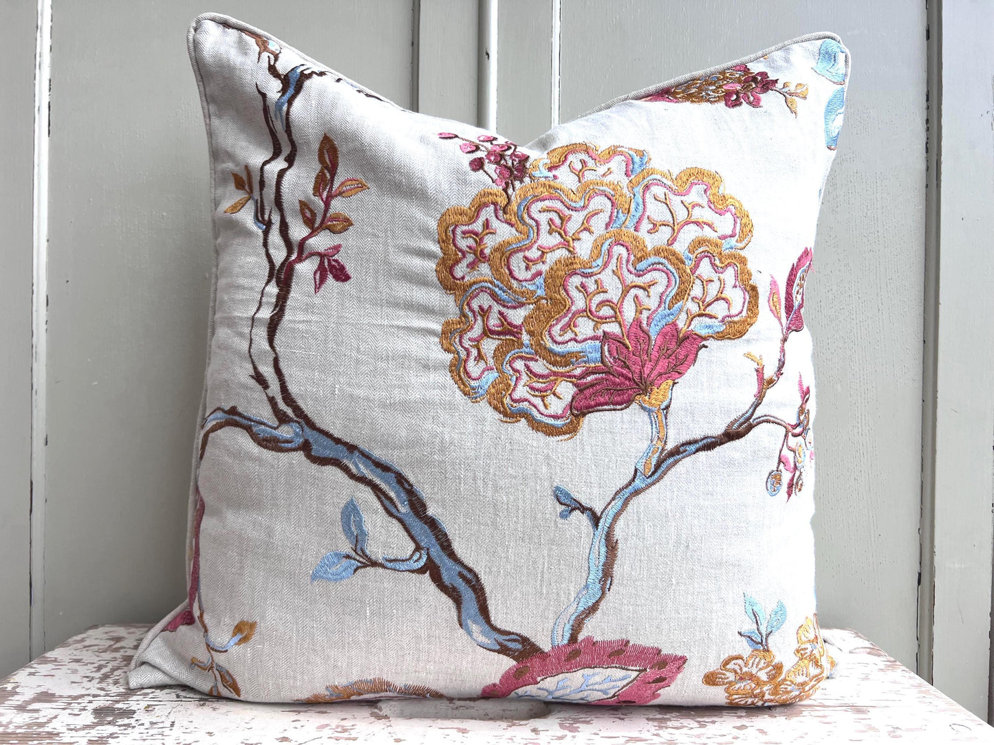 Embroidered Luxury Designer Cream Blue Orange Decorative Cushion Pillow Throw Cover
