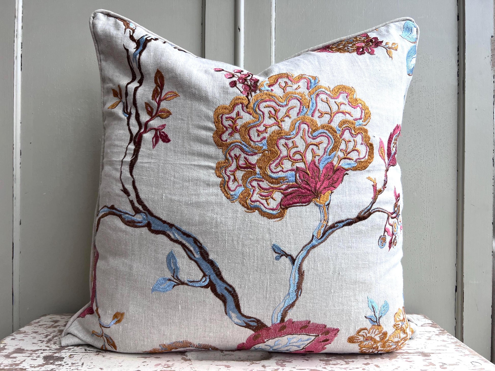 Embroidered Luxury Designer Cream Blue Orange Decorative Cushion Pillow Throw Cover